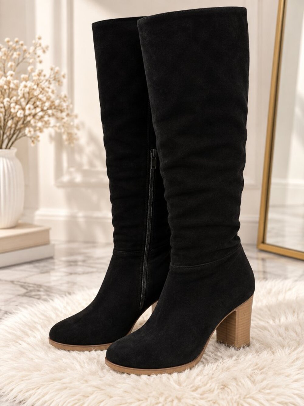 Black Suede Look Knee High Boots Shearling Lined Block Heel EU 38